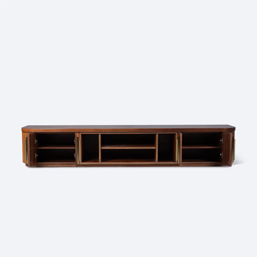Flutes Beech Wood TV Unit - Walnut Veneer - Brass Handles 1