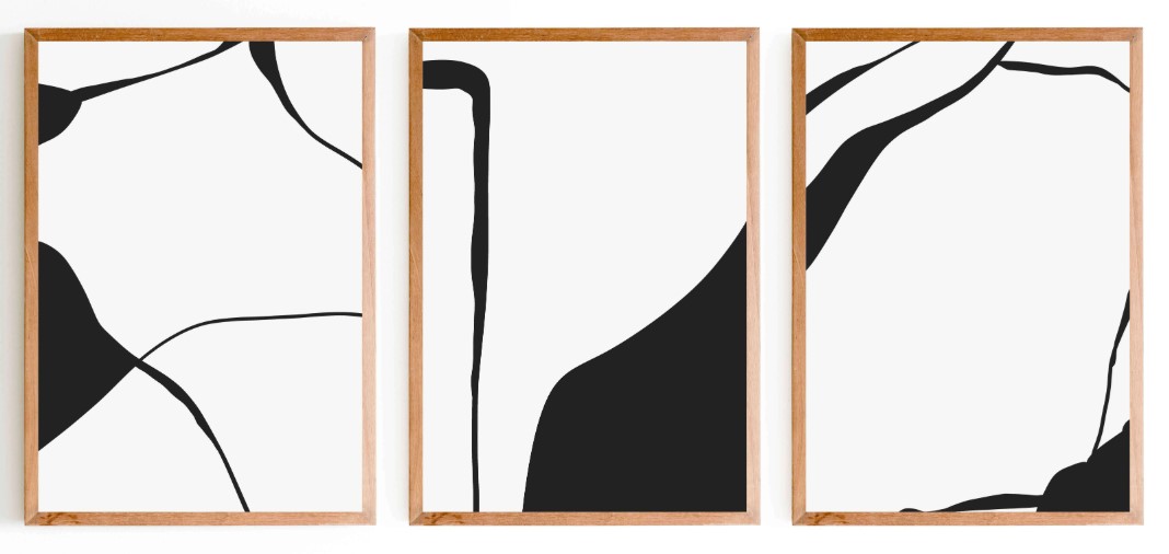 Abstract Black & White Printed Artwork With Wooden Frame - Set of 3 0