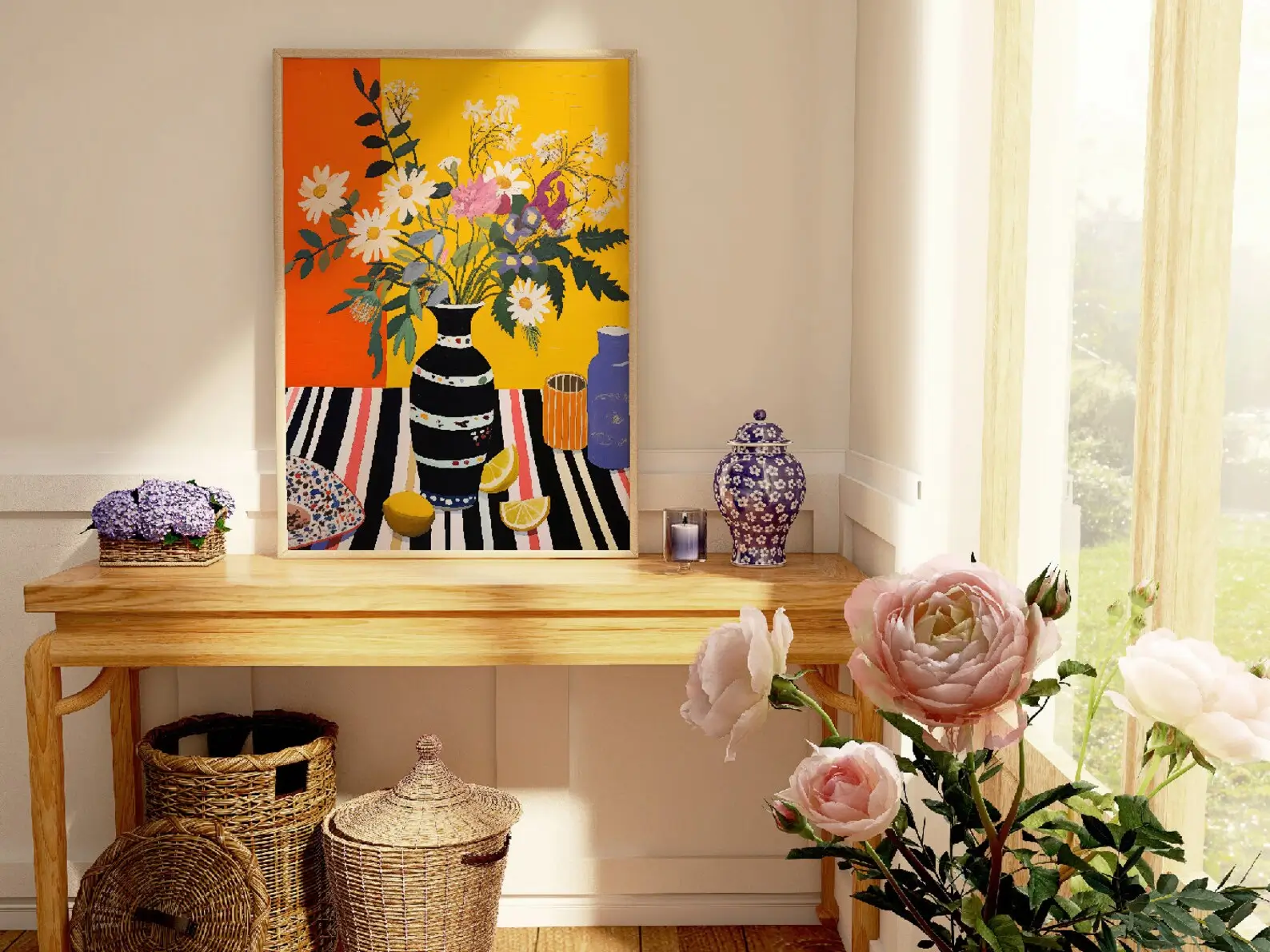 Colorful Bouquet in Striped Vase – Eclectic Home Decor Print 1