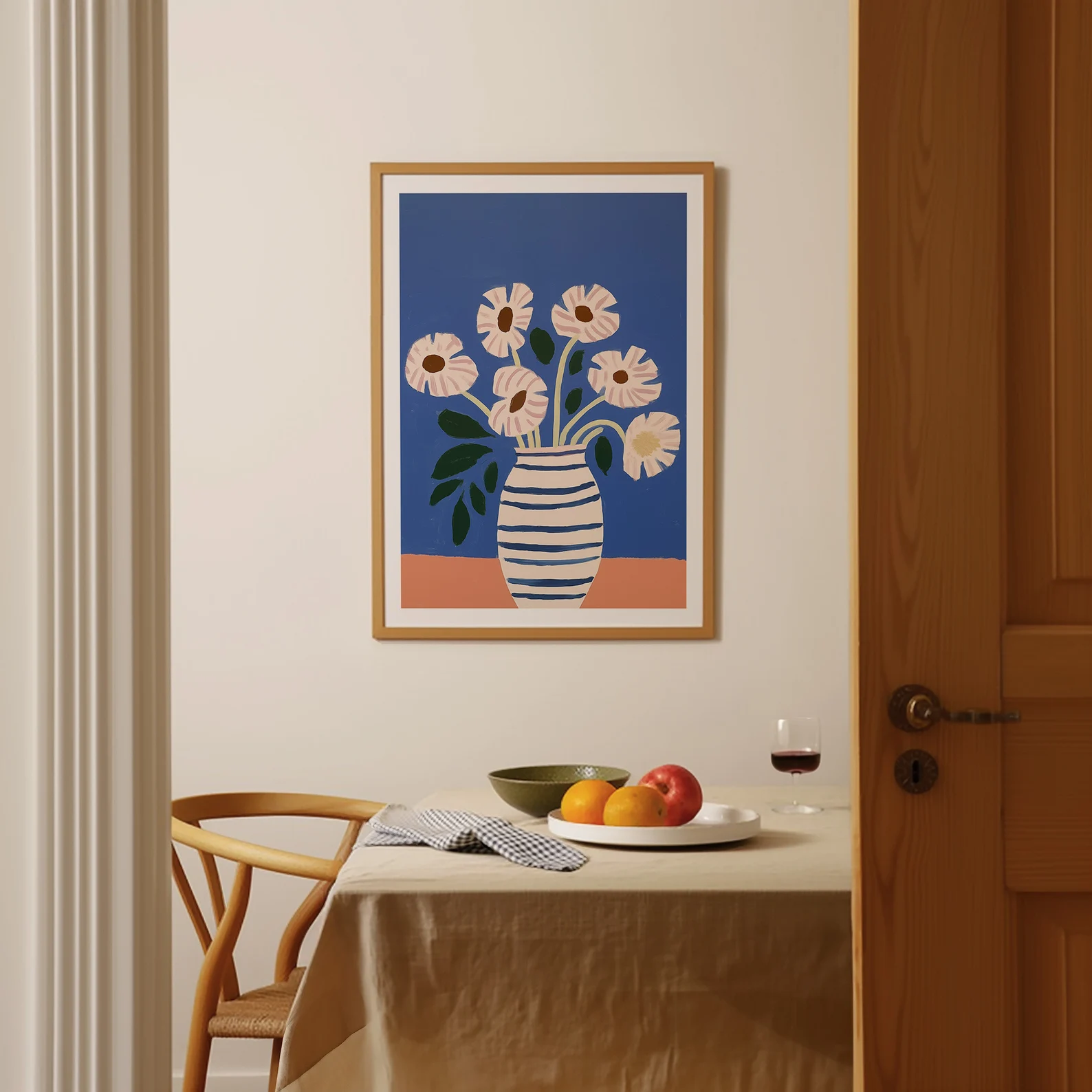 Colorful Floral Vase Artwork – Bold Blue and Terracotta Background 1