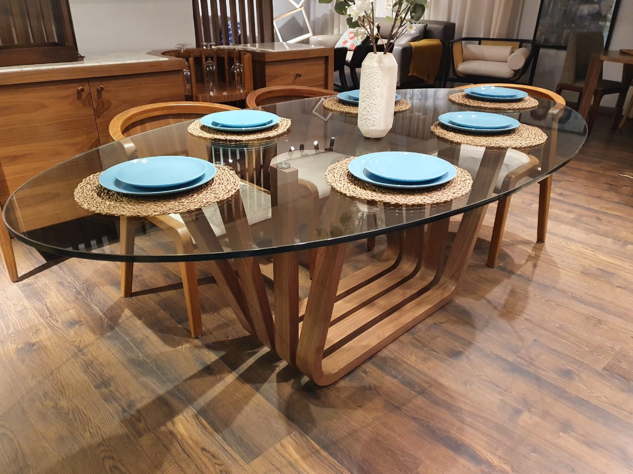 Aleena Glass Dining Table With Walnut Veneer - Plywood Base 0