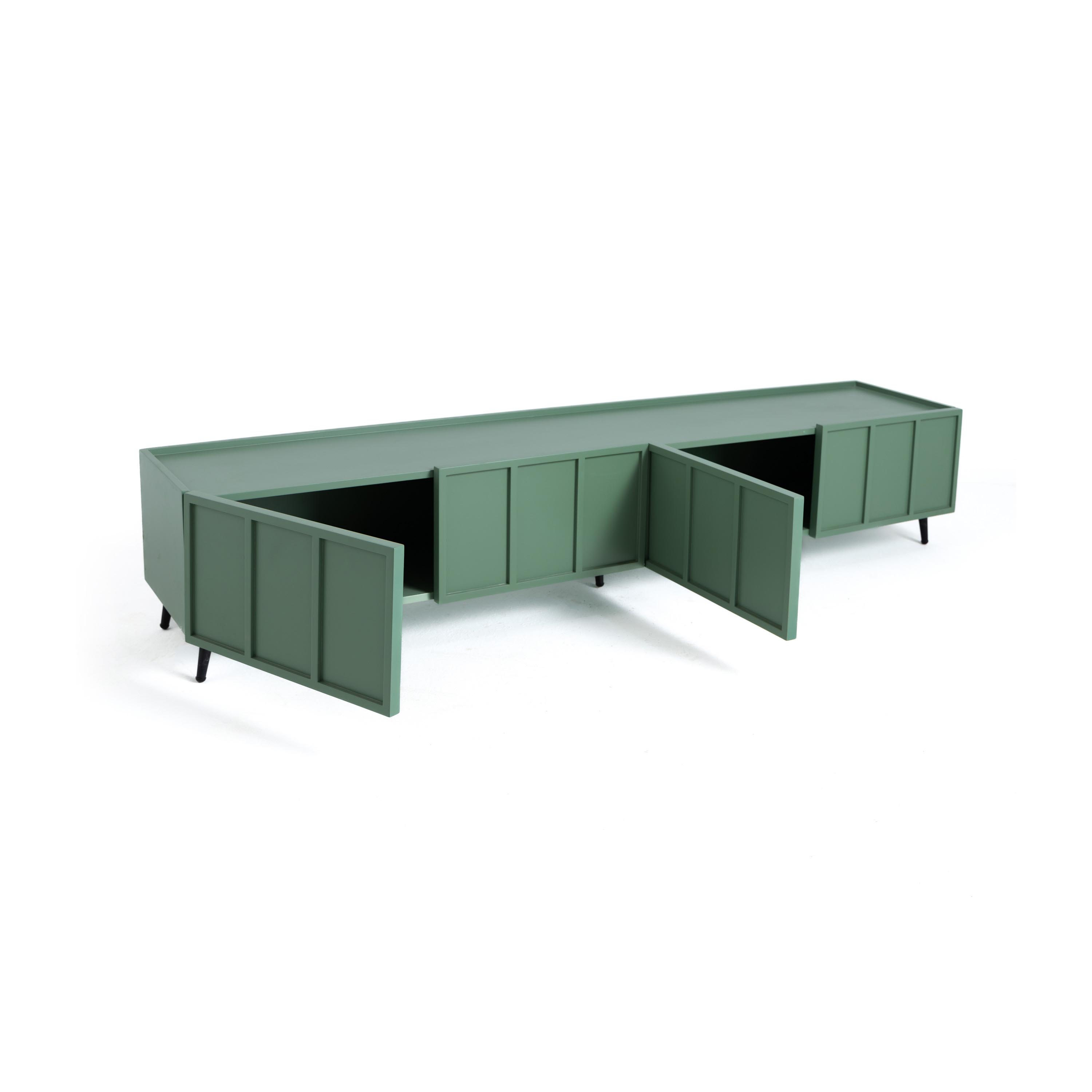 Carril Wooden TV Unit – 4 Hinged Doors - Steel Legs - Green 2
