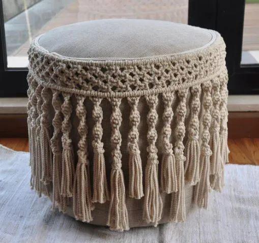 Macrame Pouf With Braids & Fringes - Wooden Core 1