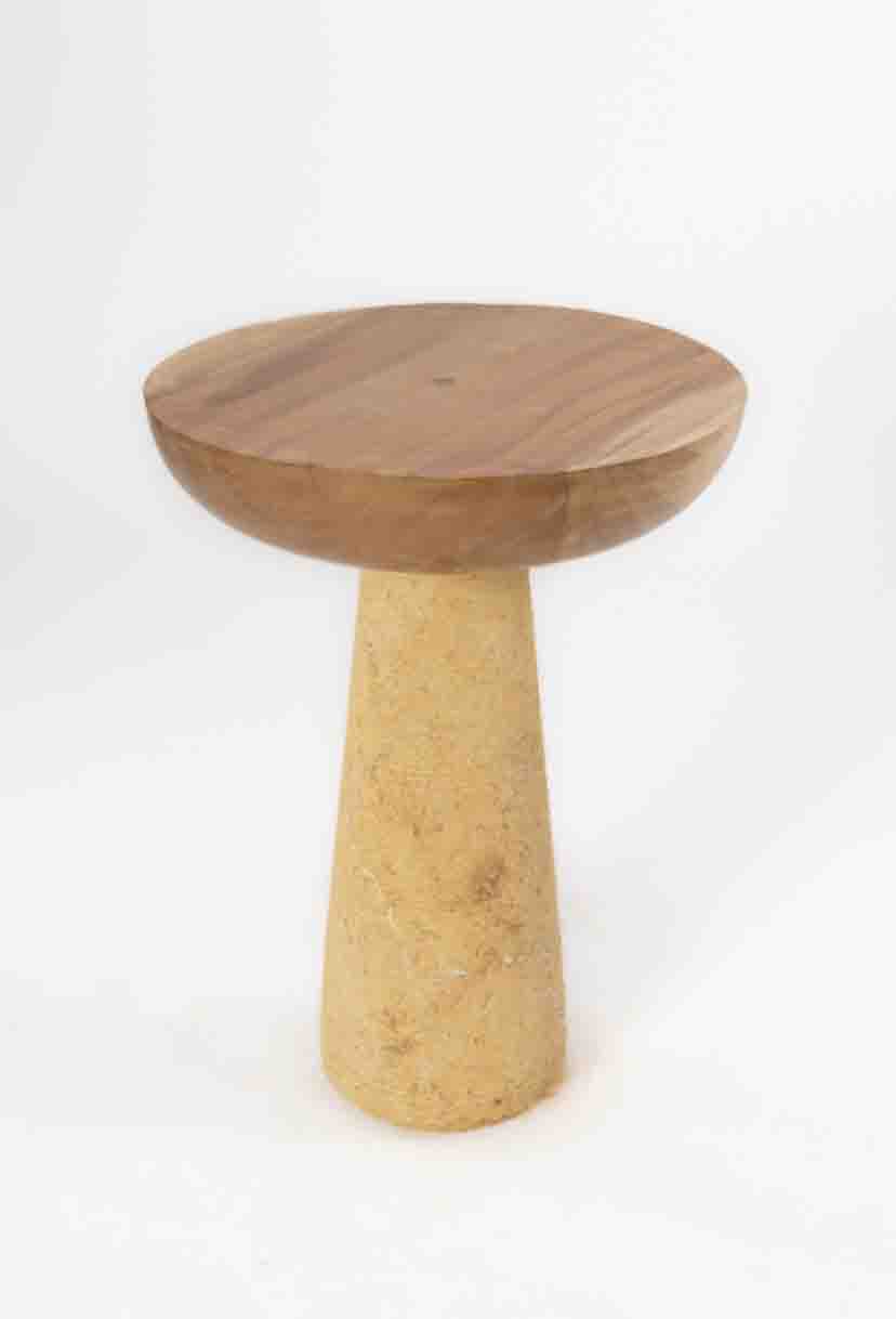 Side Table with Round Wooden Top & Sandstone-Inspired Base 1