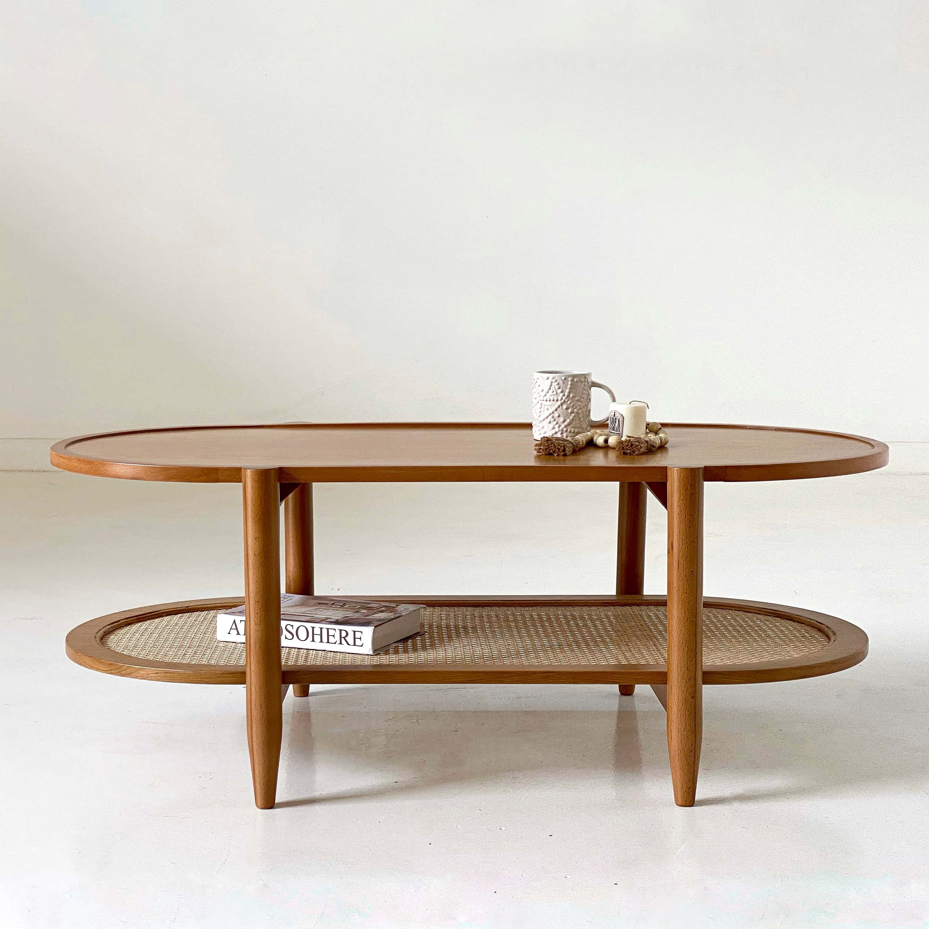 Rattan Oval Coffee Table - 2 Levels - Beech & Oak Veneer 0