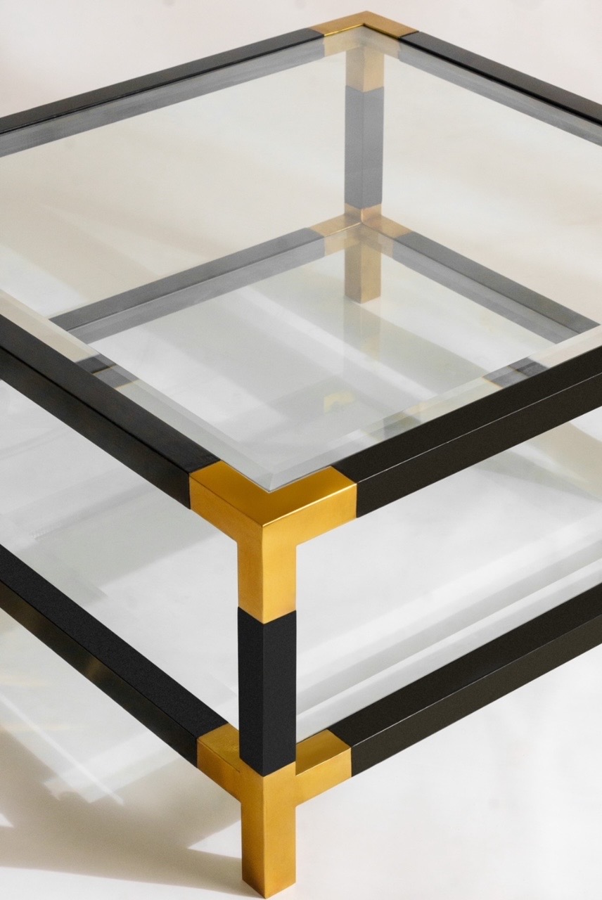 Wooden Black Coffee Table With Golden Stainless Steel Corners 1