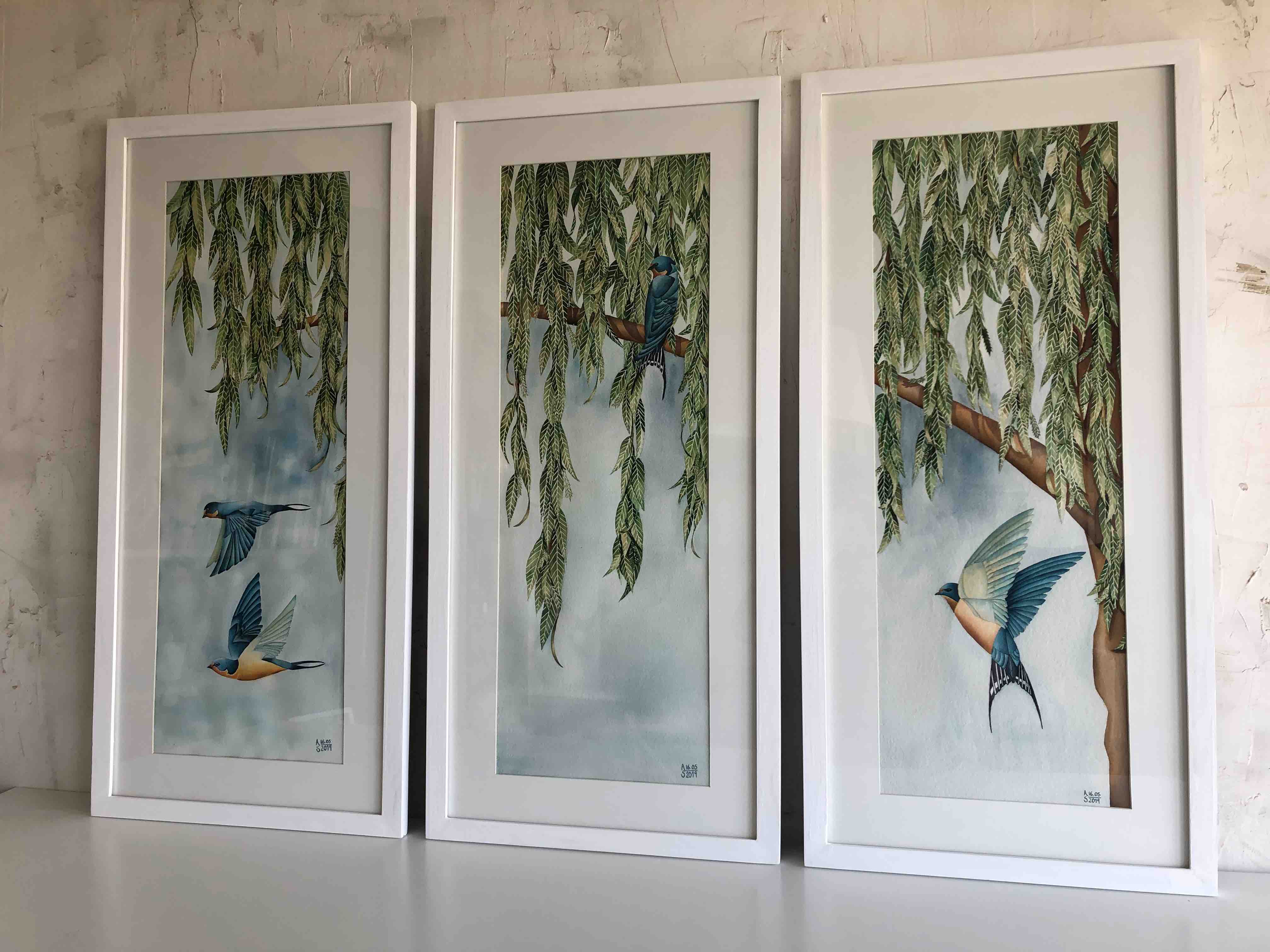 Swallows & Willow Tree Framed Fine Art Giclée Print (Set of 3) 0