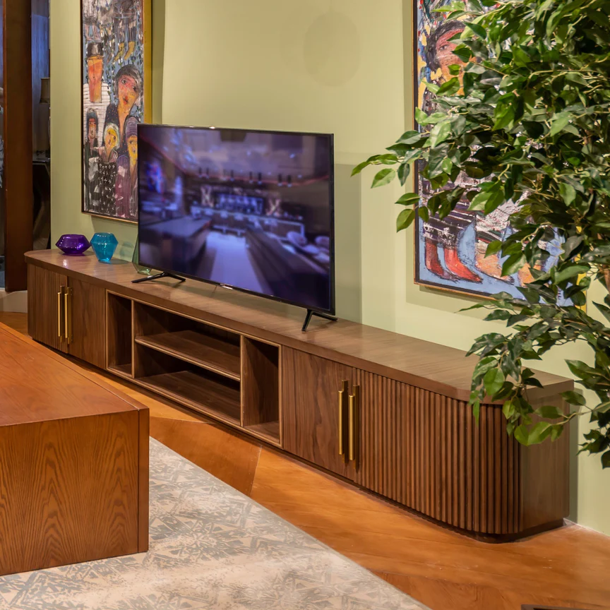 Flutes Beech Wood TV Unit - Walnut Veneer - Brass Handles 6