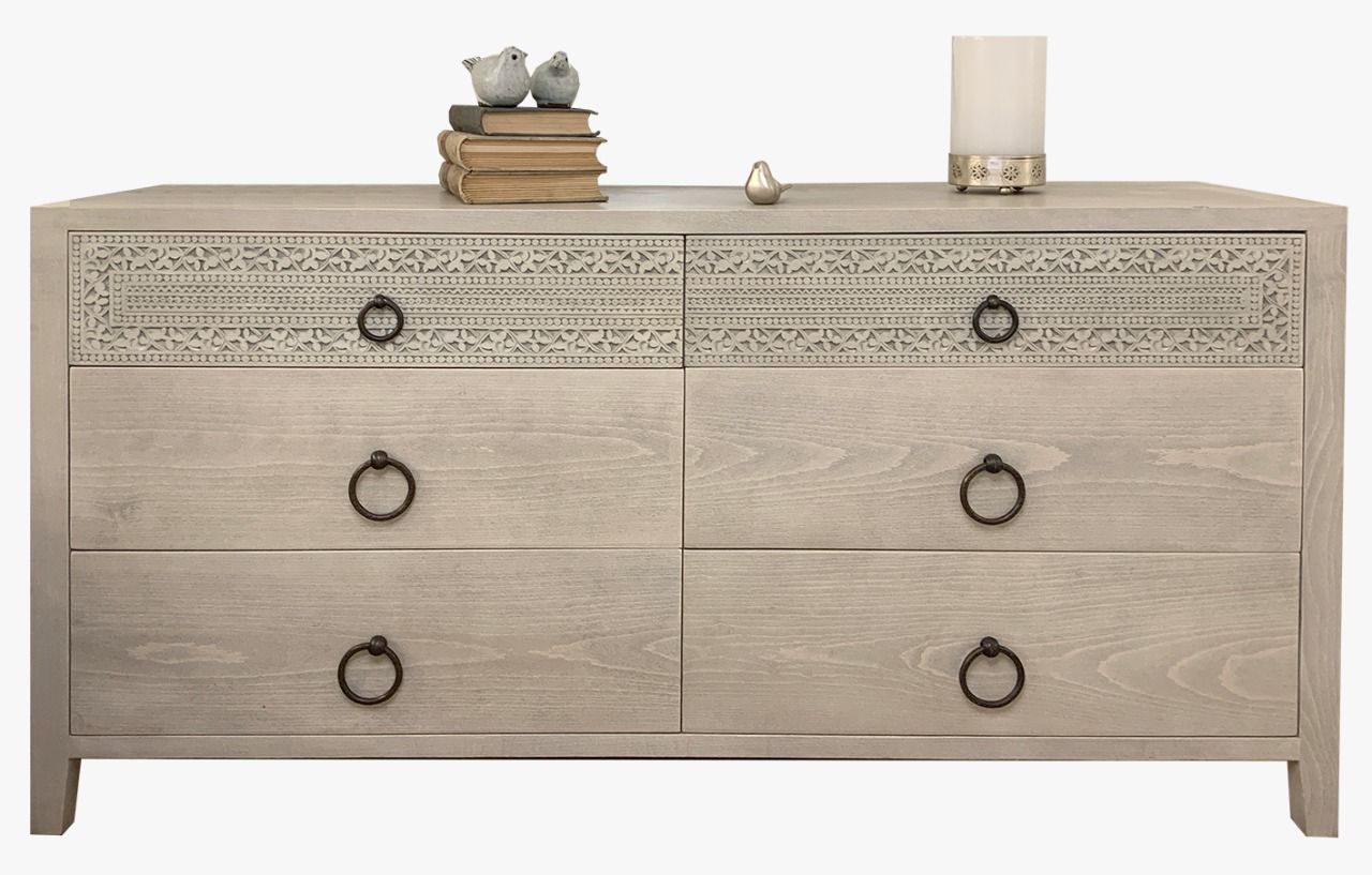 Carved Chest of 6 Drawers - Metal Handles - Wood Decorations 0
