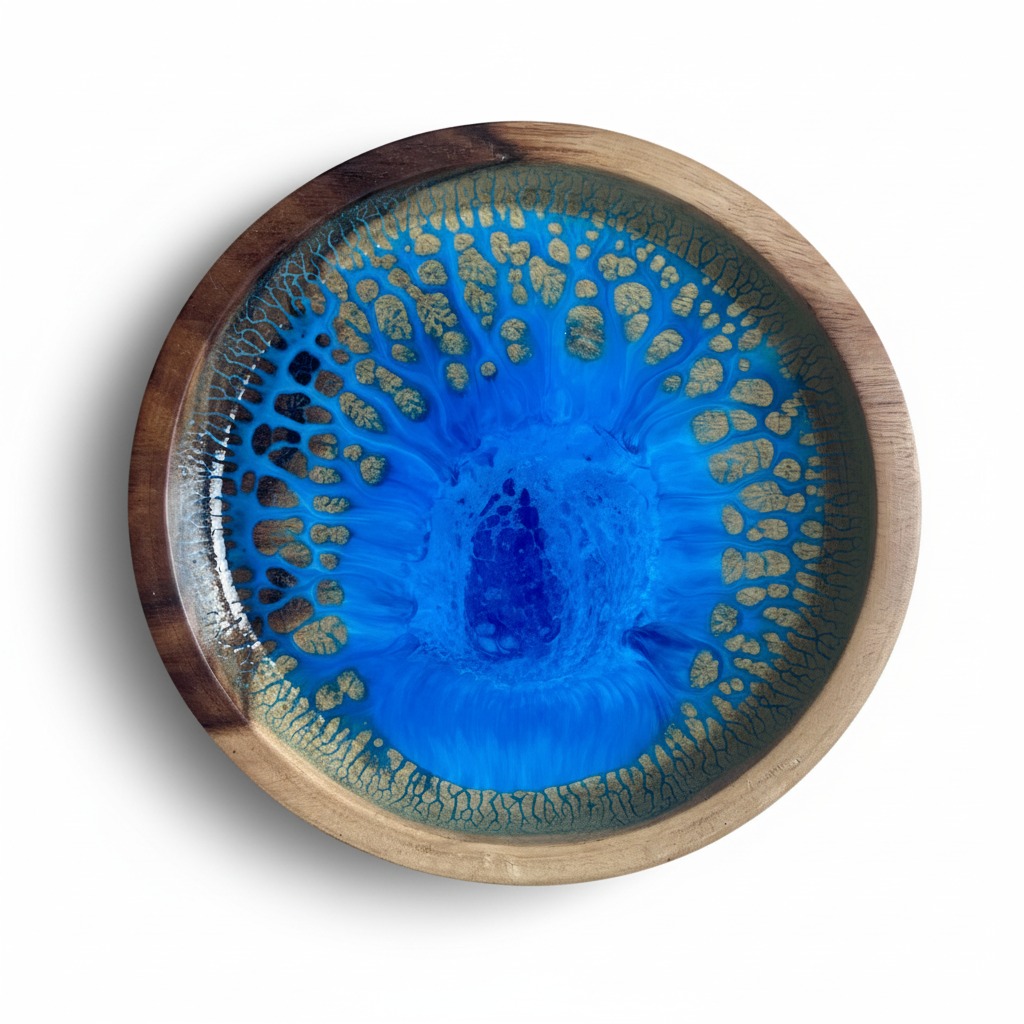 طبق خشبي فاتح مغطي بالايبوكسي الازرق 2