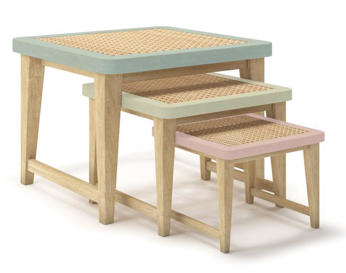Benga Side Table Set of 3 - Massive Yugoslavian Oak And Cane 0