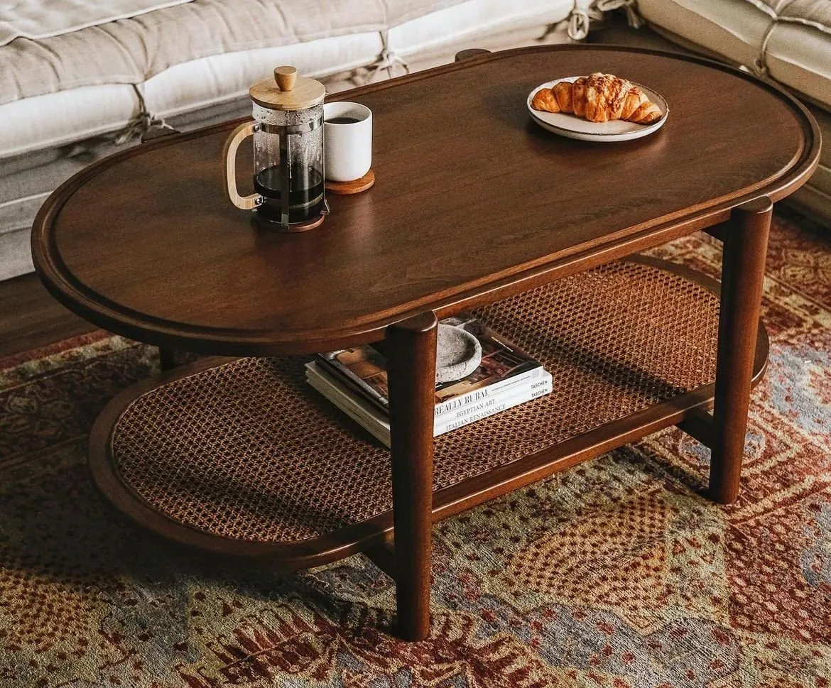 Cane Oval Coffee Table With Wooden Top 1