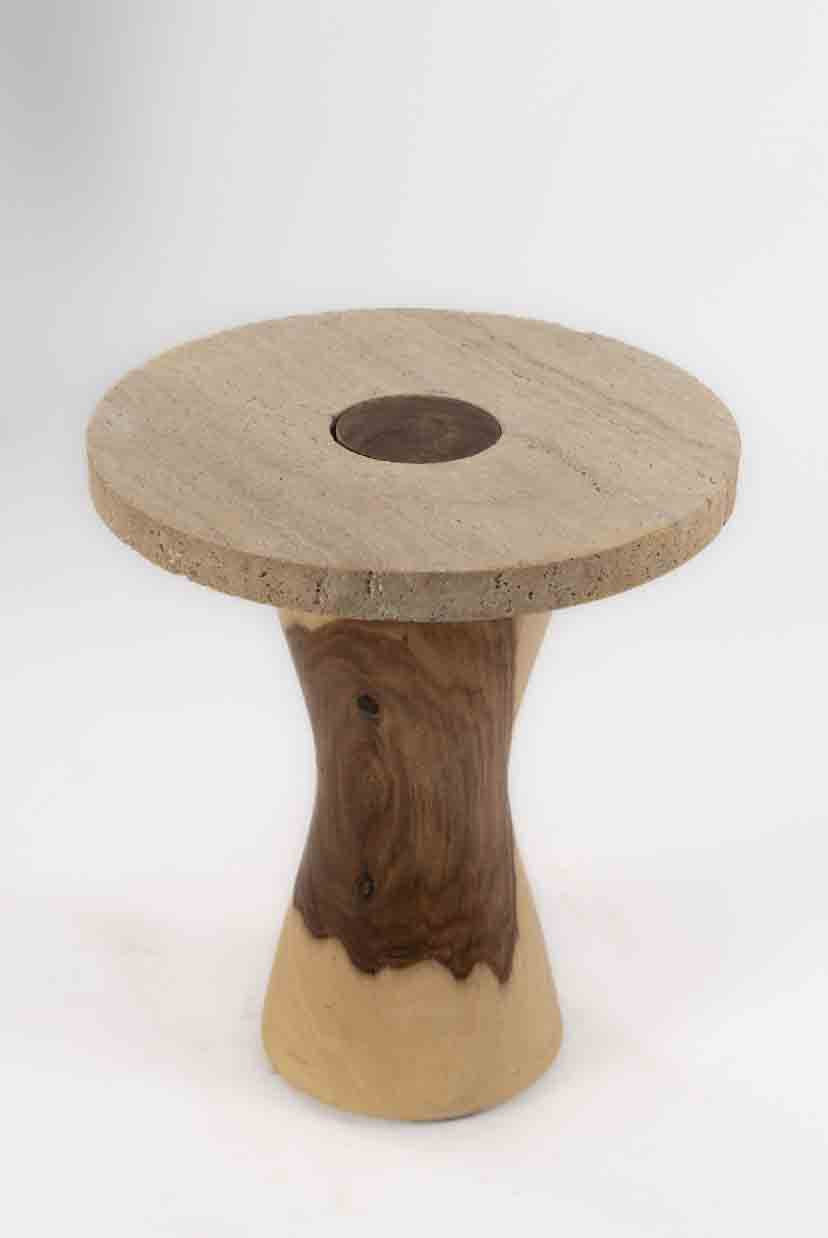 Boho Side Table - Matte Travertine Marble Top - Wood Base 1