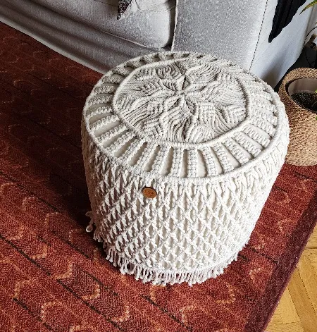 Macrame Large Pouf - Round Design - Beech Wood Frame 3