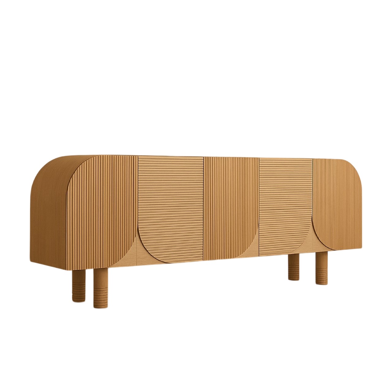 Arched Wood TV Unit with Vertical Slats in Natural Oak Finish 0