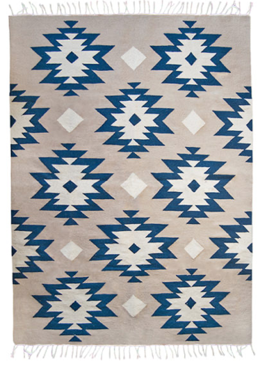 Medallions Handwoven Wool Rug With Blue Patterns