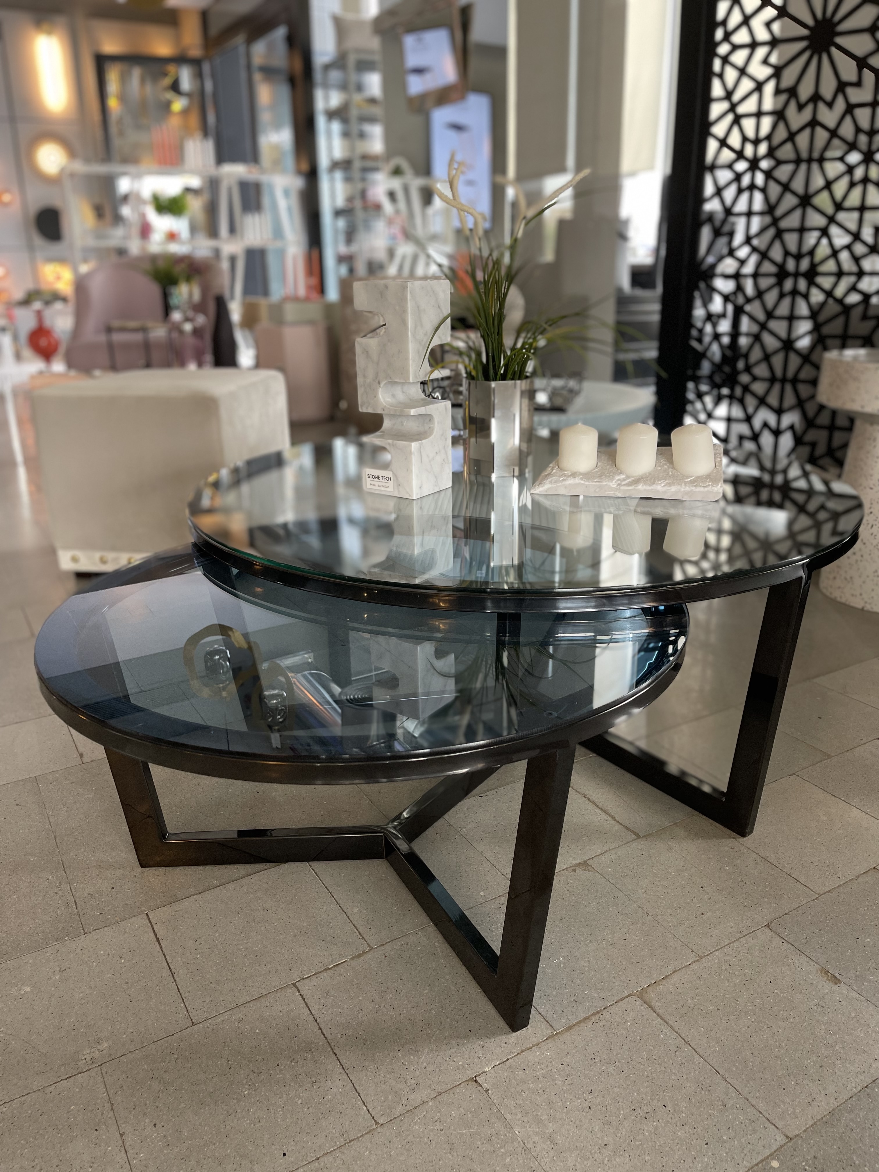 Round Low Coffee Table - Metal Stainless Frame - Glass Top 1