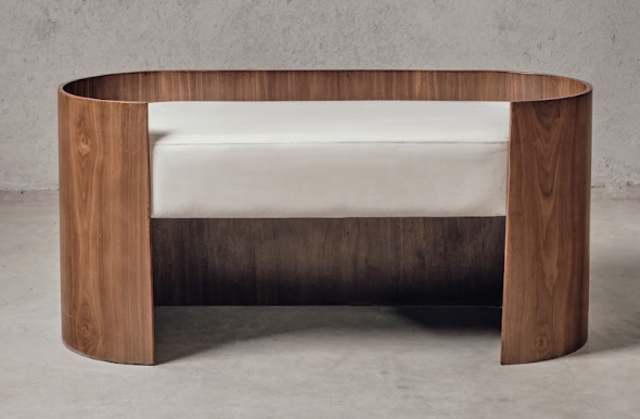 Dolly Luxurious Curved Walnut Bench With White Upholstery 0