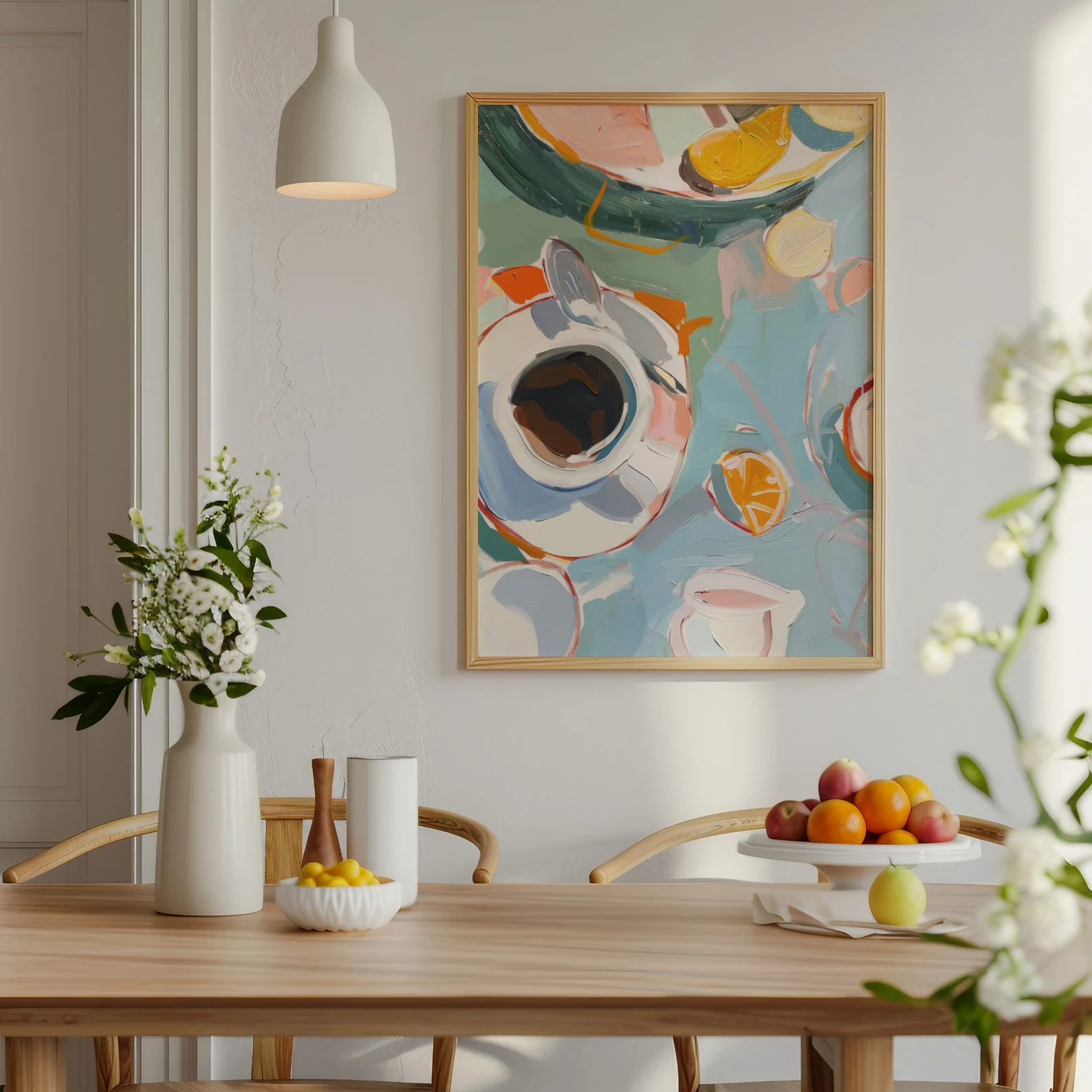 Abstract Coffee and Citrus Still Life Print – Modern Colorful Wall Art 1