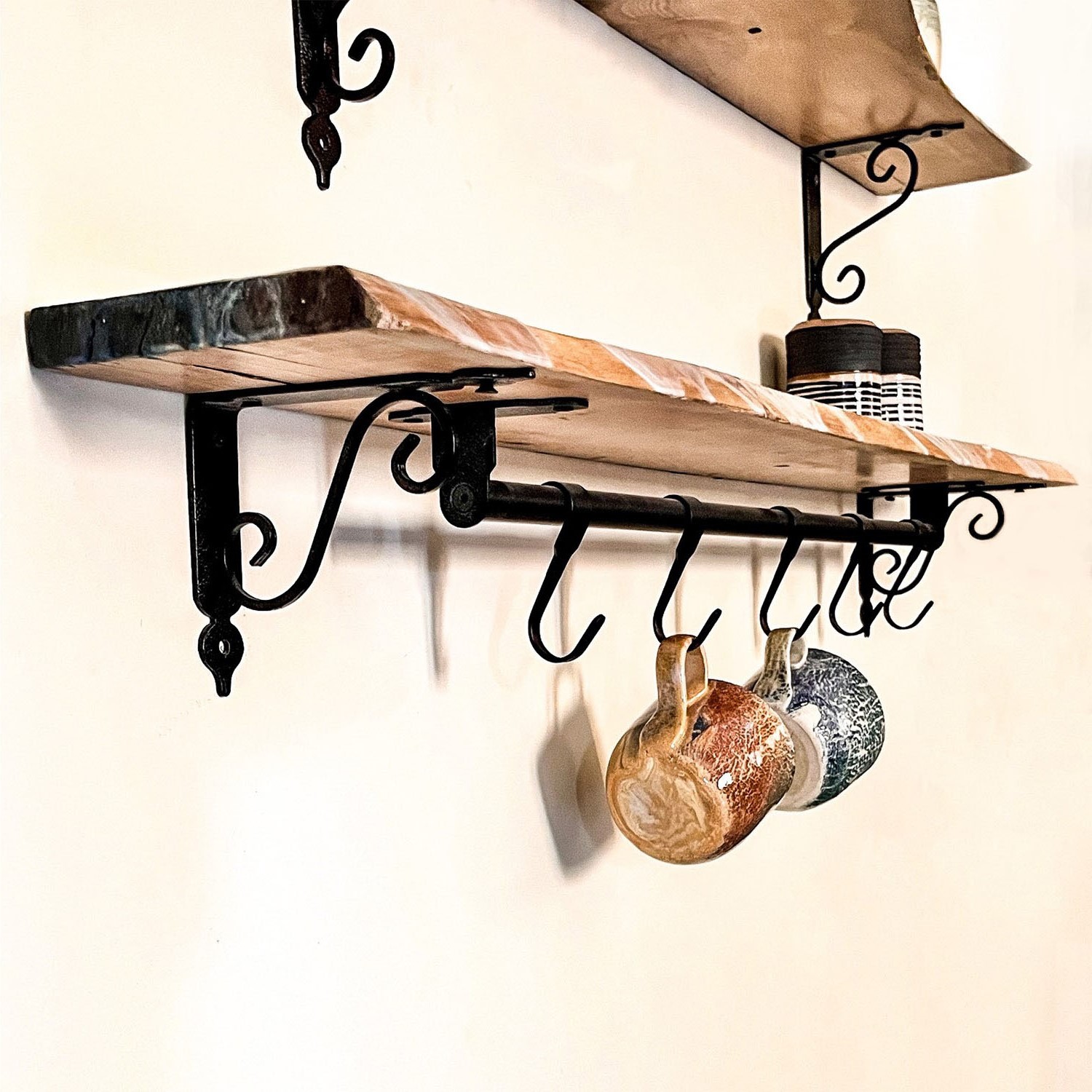 Epoxy on Beech Wood Coffee Corner Shelf Set of Two With Mug Hooks 5