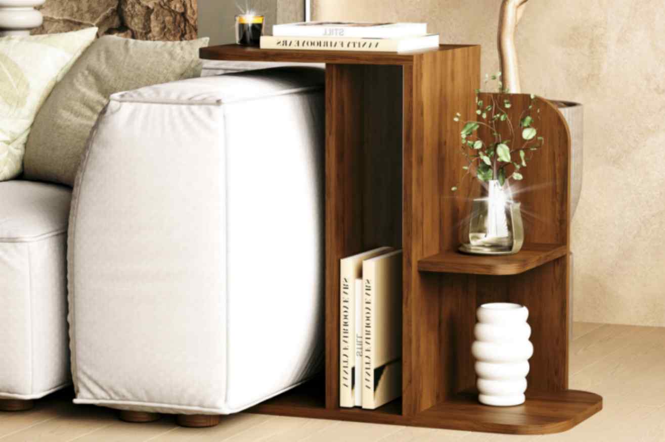 Ria Side Table - Natural Wood - Slides Under Sofa - Shelves 1