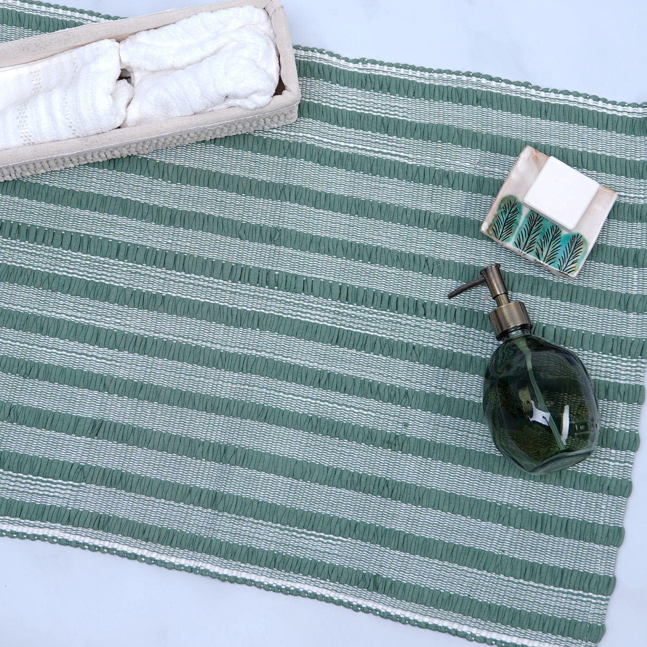 Green Handwoven Recycled Cotton Jersey Rug – Eco-Friendly Striped Design 0