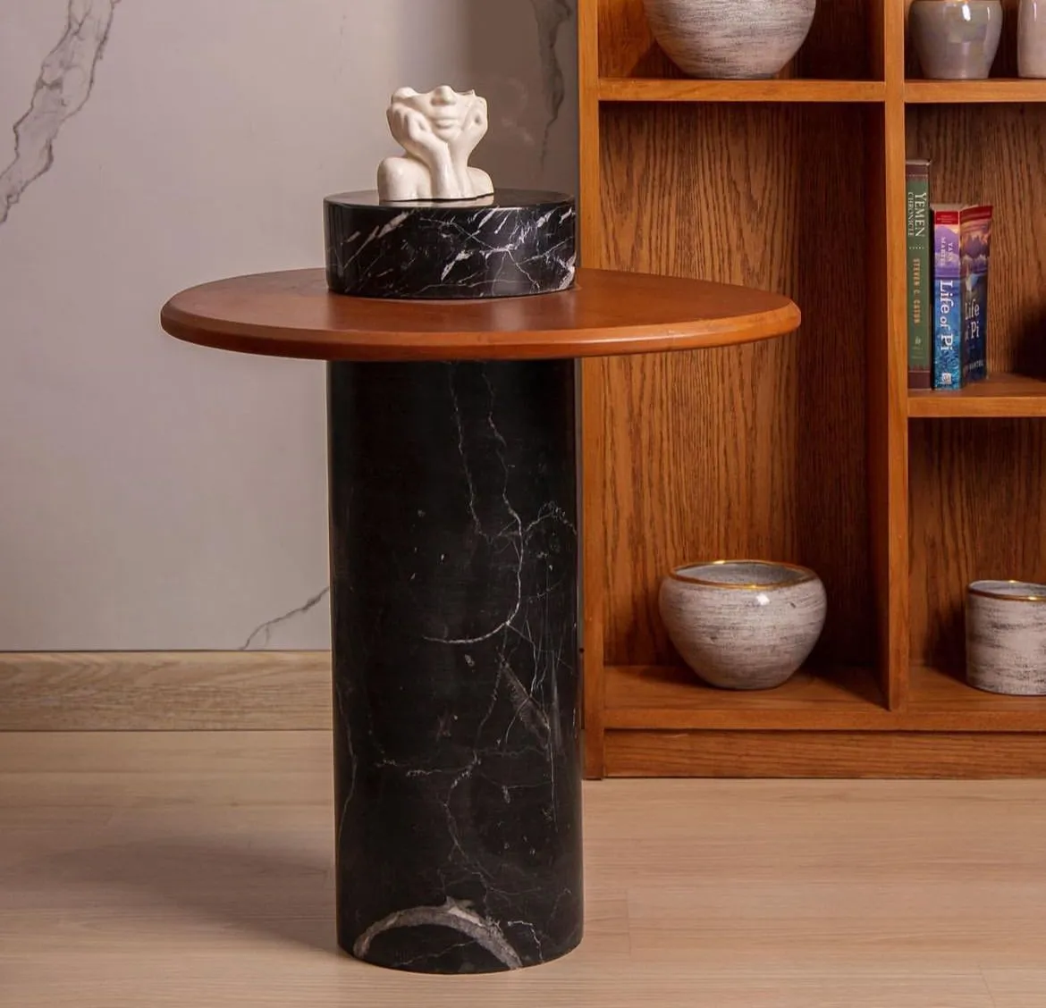 Marble Block Side Table - Natural Beech Wood - Round Top 1