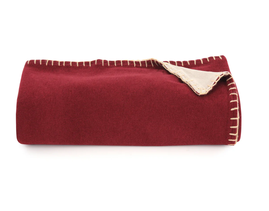 Burgundy/Beige Blanket with Stitch Border 0