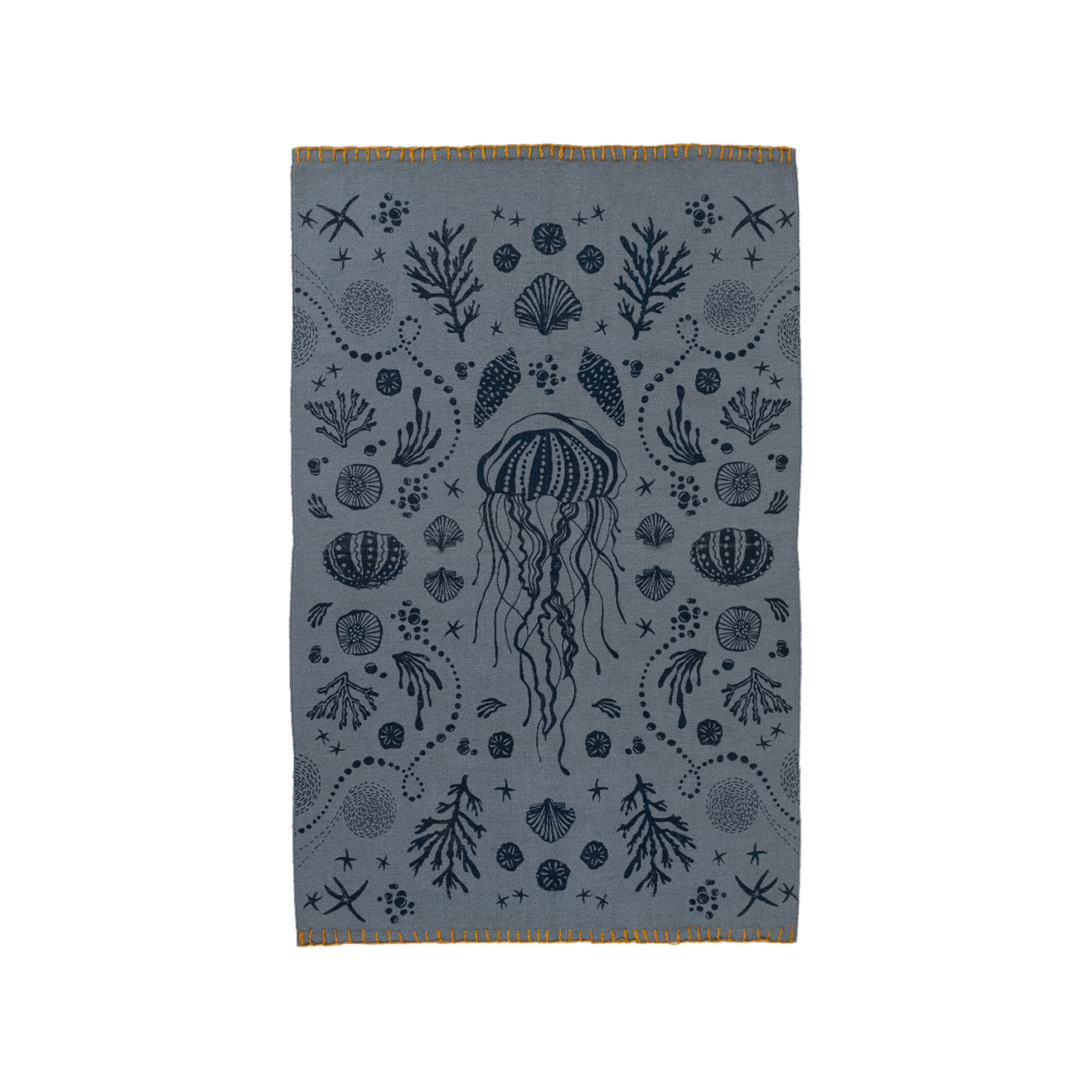 Handwoven Navy Marine Cotton Kilim Rug – Jellyfish and Sea Motif 0