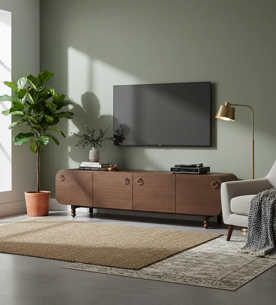 Leil Beech Wood TV Unit with Brass Handles & Turned Legs 1