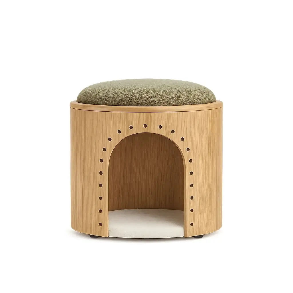 Nuba Beech Wood Pouf With Upholstered Seat 0