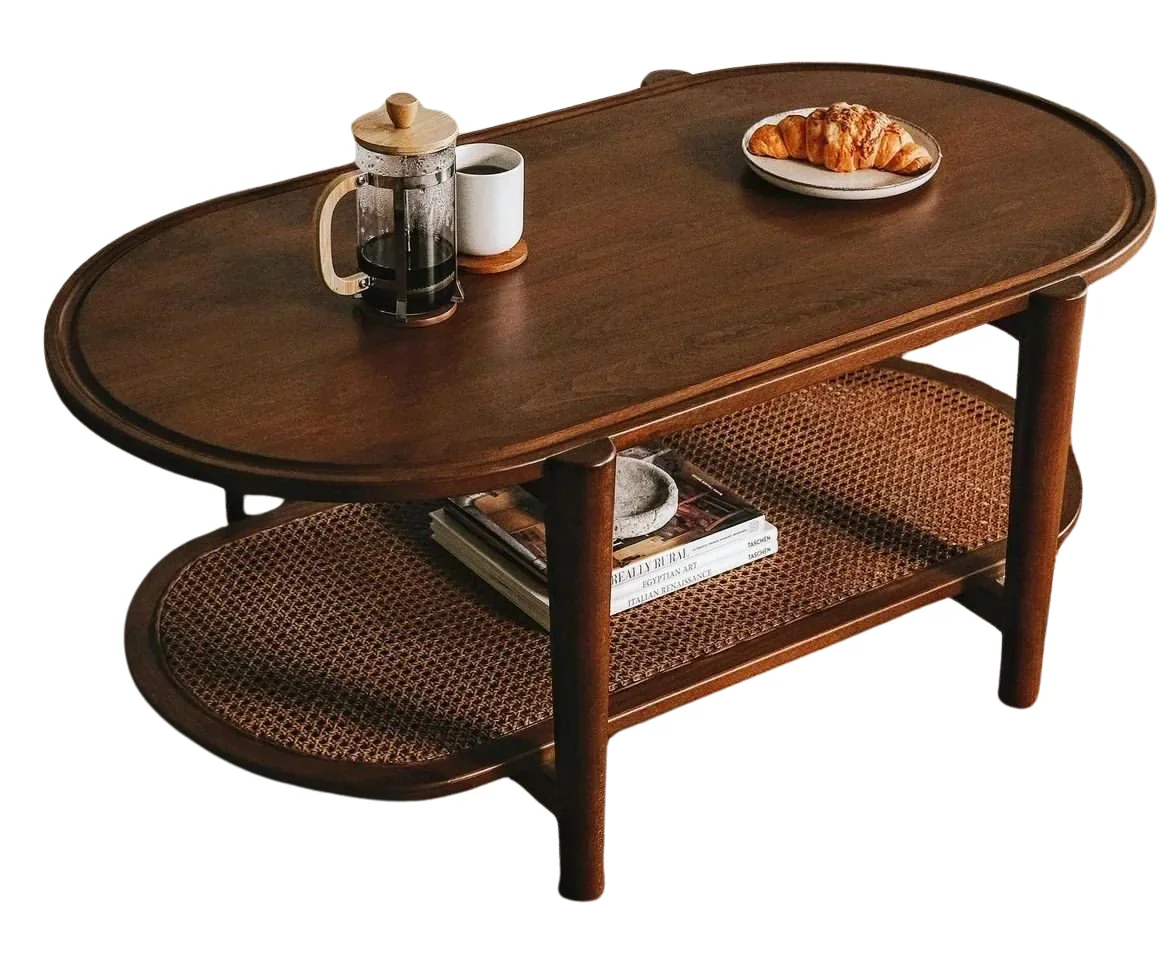 Cane Oval Coffee Table With Wooden Top 0