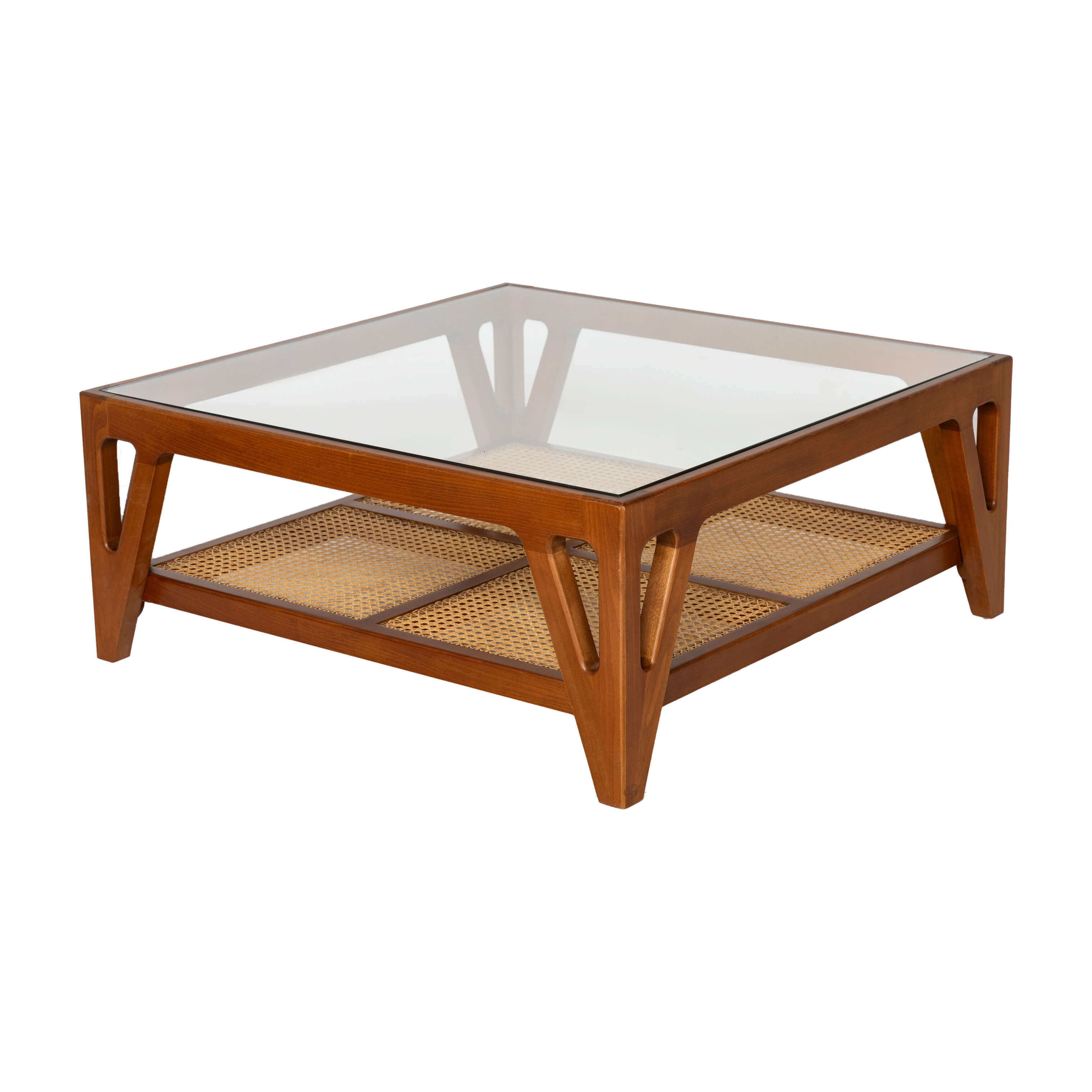 Jens Beech Wood Coffee Table With Glass Top and Cane Shelf 1