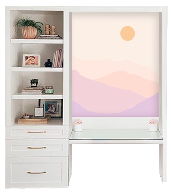 Custom White Shelving with Drawers and Desk 0