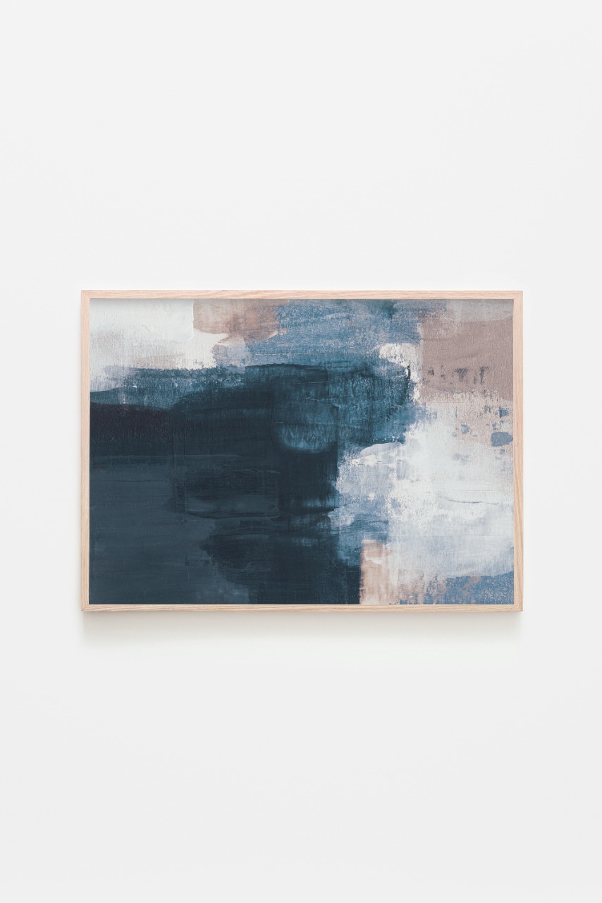 Abstract Printed Artwork Blue and Pink With a Wooden Frame 0
