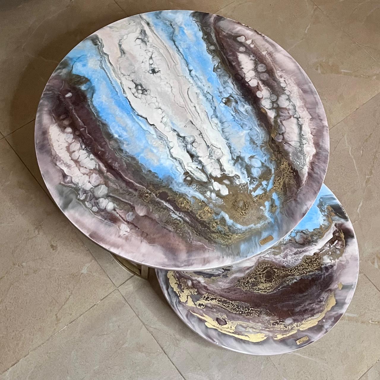 Light Blue & Maroon Center Tables – Set of 2 1