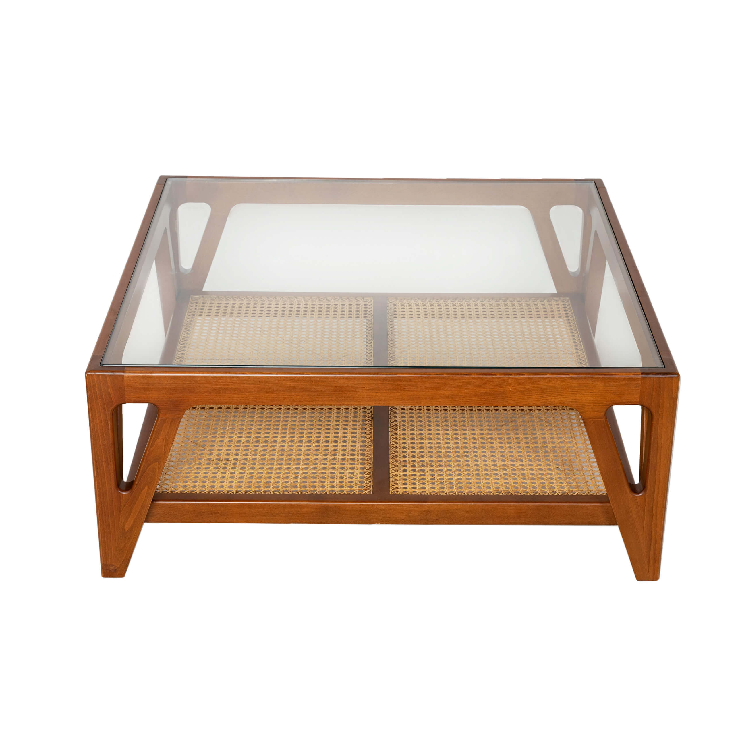 Jens Beech Wood Coffee Table With Glass Top and Cane Shelf 2