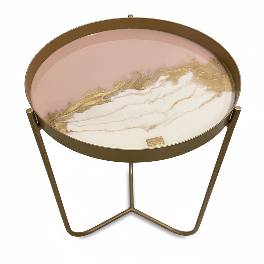 Rose & White Epoxy Side Table – Gold Frame 2
