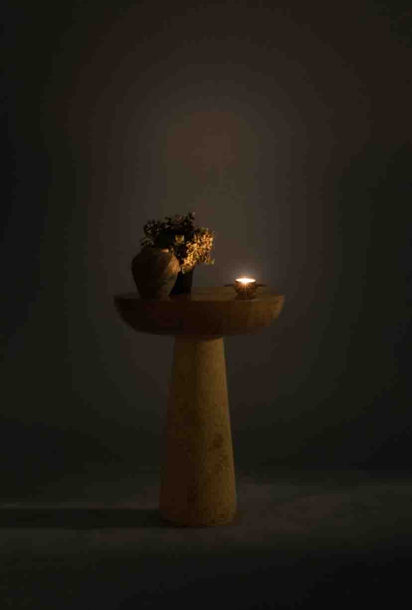 Side Table with Round Wooden Top & Sandstone-Inspired Base 2