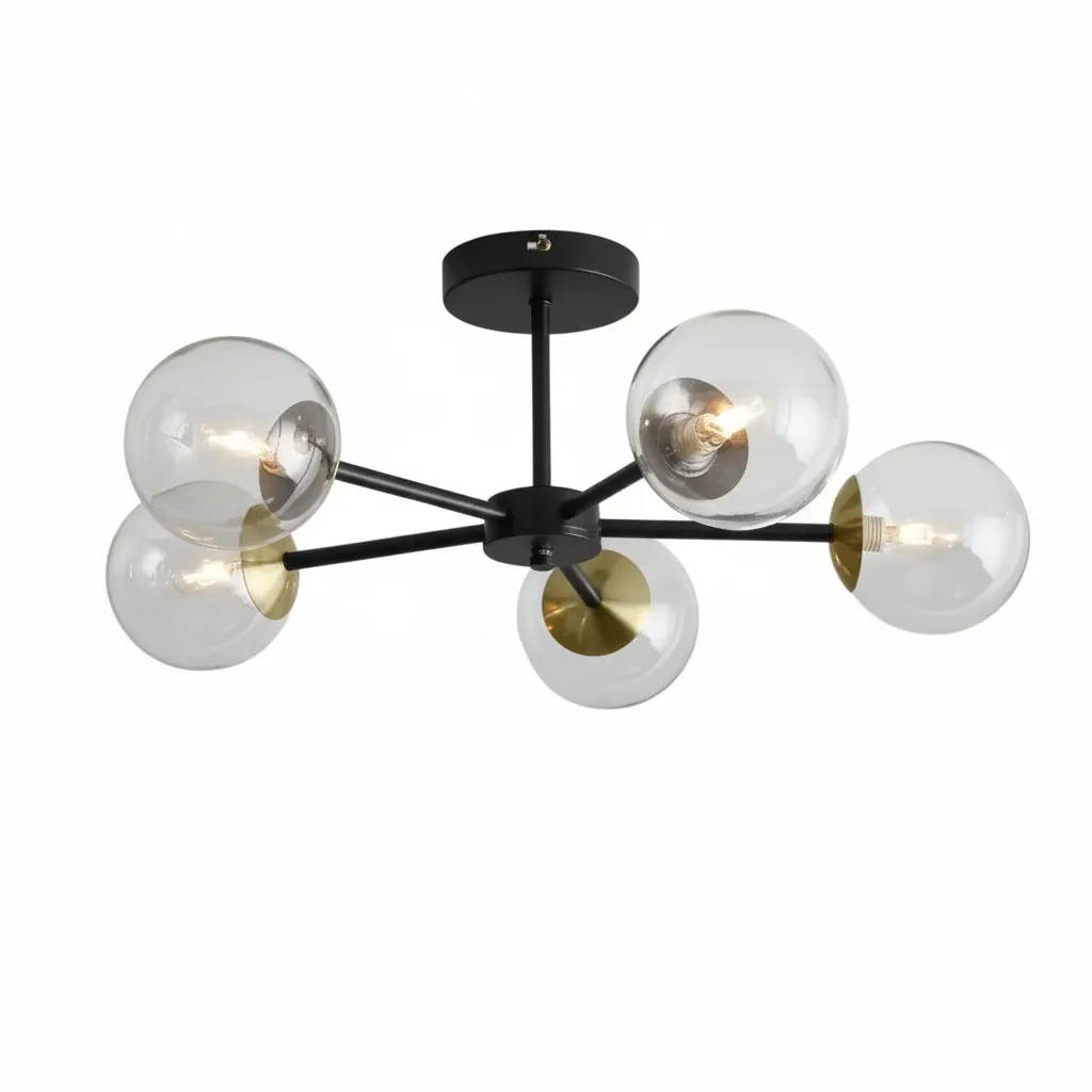 Modern Steel Ceiling Lamp With 5 Clear Glass Globes in Black & Gold - YL740 0