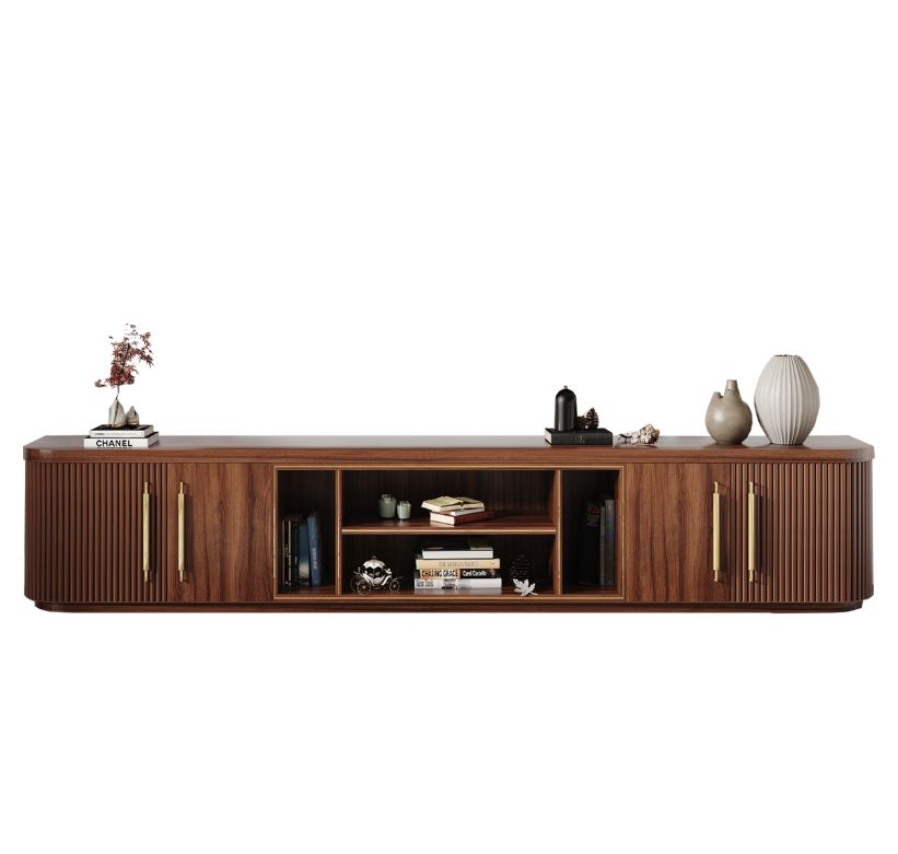 Flutes Beech Wood TV Unit With Walnut Veneer and Brass Handles 0
