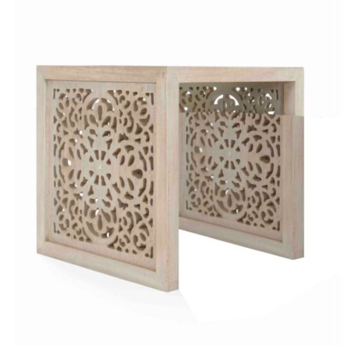 Cutout Side Table With Ethnic Carvings - Square Design 0