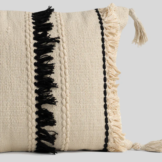 Black & White Fringes Cotton Cushion 1