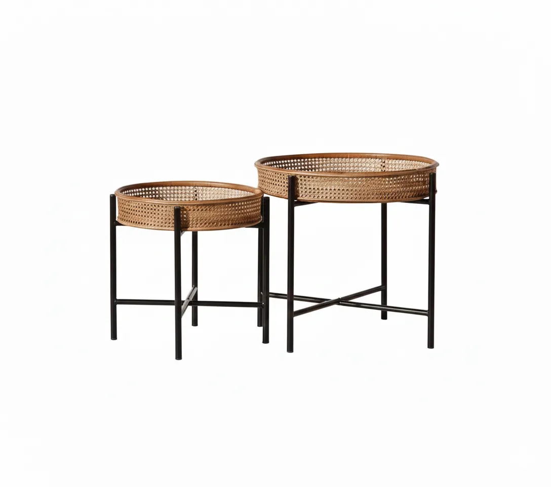 Oasis Side Table Set of 2 - Bamboo & Cane With Metal Legs image