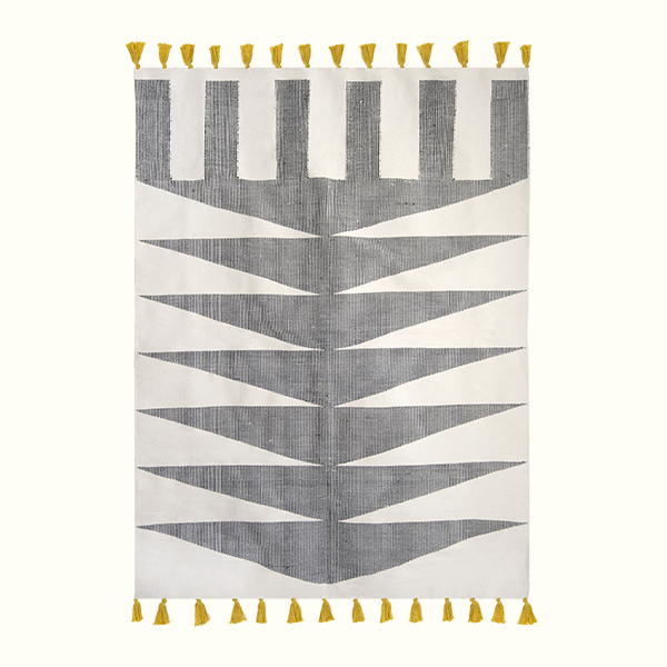 Cascade Handwoven Wool Rug With Tribal Patterns & Yellow Tassels 0