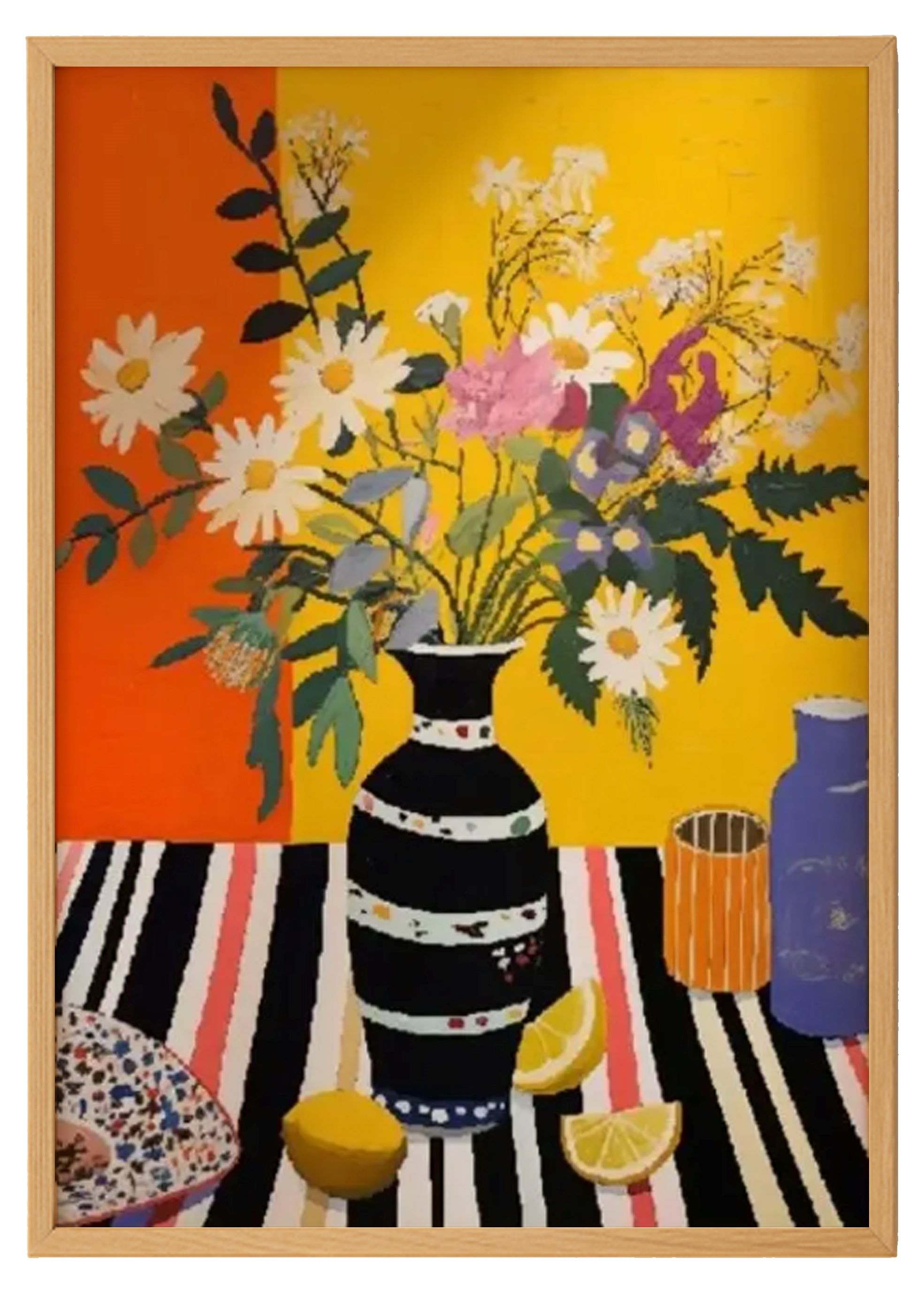 Colorful Bouquet in Striped Vase – Eclectic Home Decor Print 0