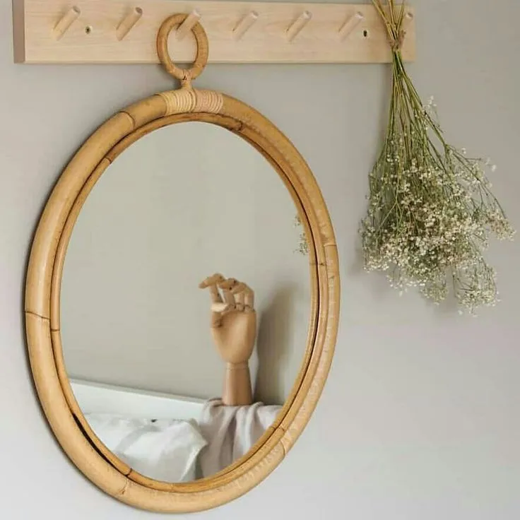 Round Bamboo Wall Mirror With Natural Frame and Hanging Loop 1