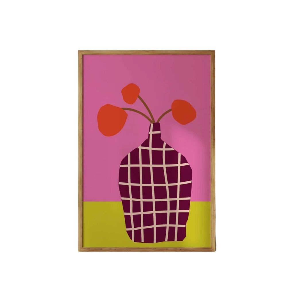 Abstract Floral Vase Artwork – Bold Checked Vase on Pink and Yellow Background 0