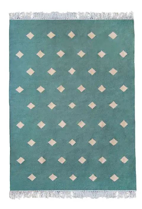 Handwoven Green Wool Rug – Geometric Diamond Pattern 0