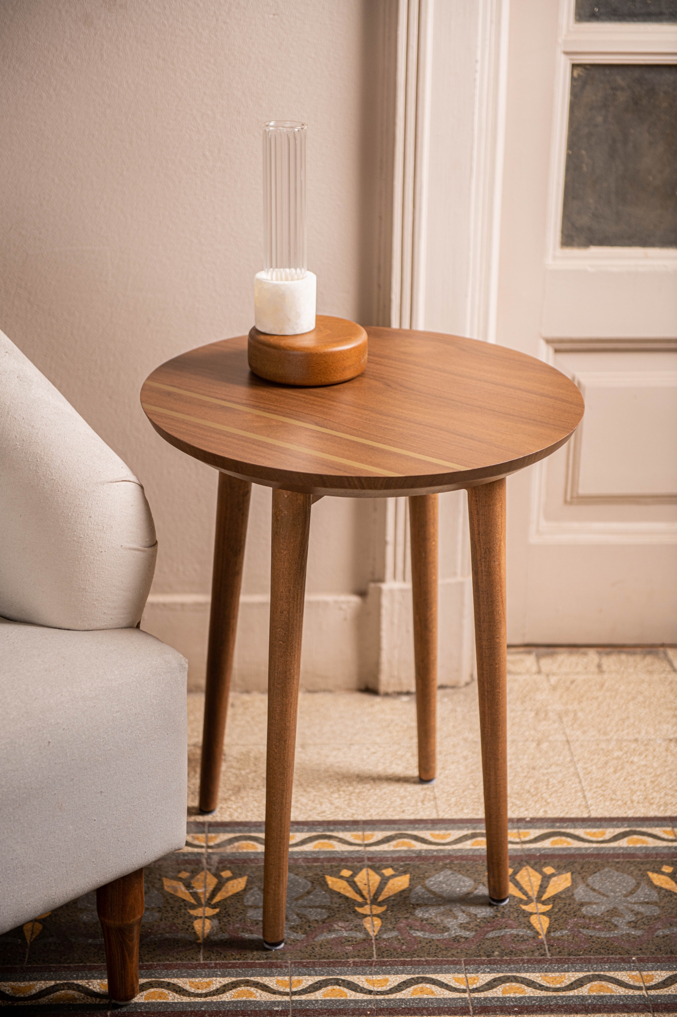 Striped Side Table - Walnut Veneer - Brass Paint - Round 1